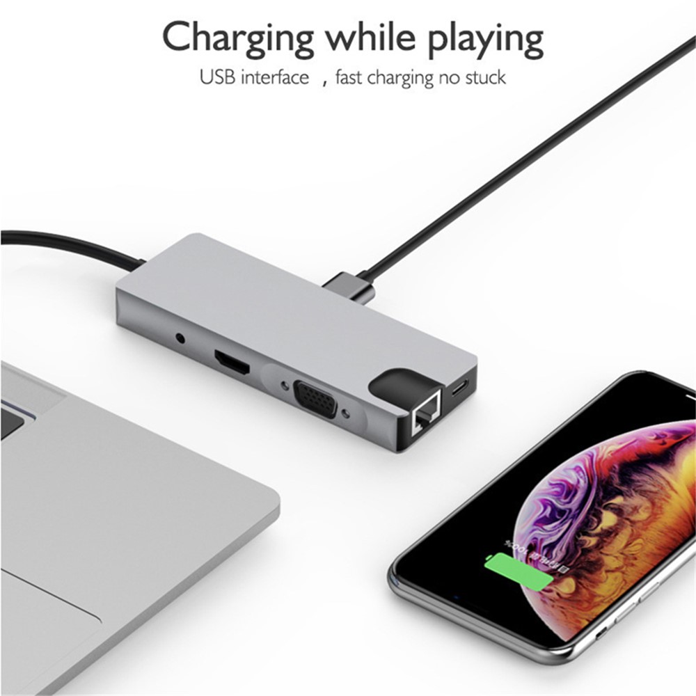 9-in-1 Type C Hub HDMI Adapter PD USB 3.0 VGA RJ45 AUX SD/TF Card Reader Docking Station-7