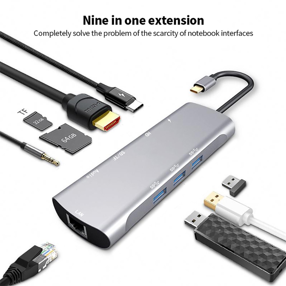 V171A 9 in 1 Type-C Hub Docking Station RJ45 Network Card+PD+TF Card Reader+USB 3.0 Adapter Cable for MacBook-2