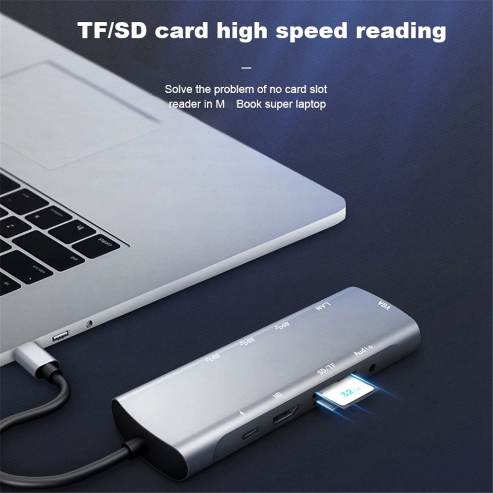 V172A 10 in 1 Type-C Hub USB-C to RJ45+VGA+PD+TF+USB3.0 Adapter Converter Docking Station Cable-7