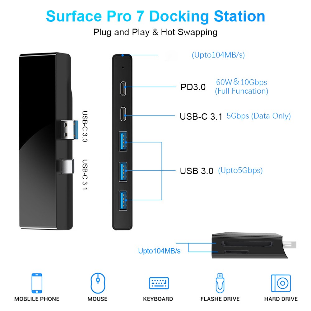 ROCKETEK SH867 5Gbps High Speed USB3.0 Hub PD Type-C TF/SD Card Reader USB Splitter Adapter for Microsoft Surface Pro 7-7