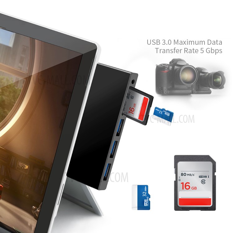 ROCKETEK SH771 Type-C USB 3.0 Hub Splitter SD/TF Card Reader 3.5mm Audio Adapter for Microsoft Surface Go-2