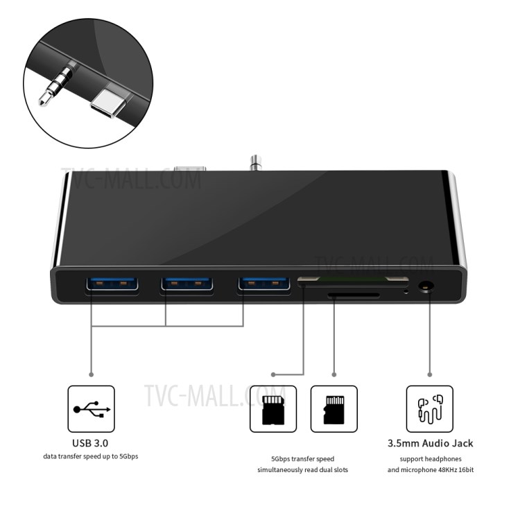 ROCKETEK SH771 Type-C USB 3.0 Hub Splitter SD/TF Card Reader 3.5mm Audio Adapter for Microsoft Surface Go-3