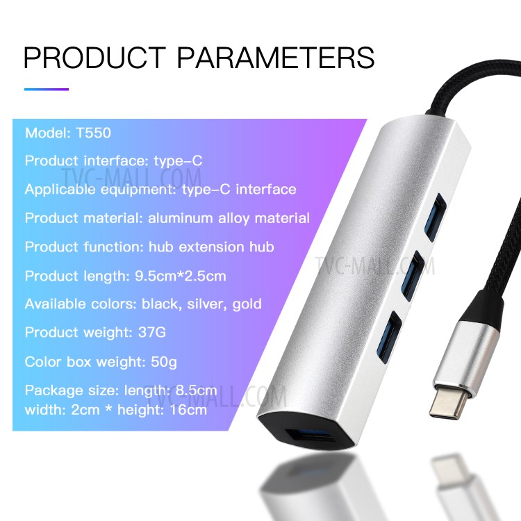 T550 4 Ports Type-C HUB USB-C to USB 3.0 Adapter Docking Station for Laptop Desktop Computer PC - Silver-10