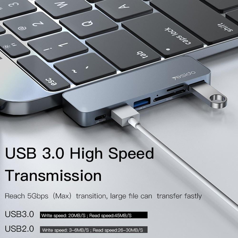 YESIDO HB10 Dual Type-C Hub Splitter 6-in-1 USB3.0 TF/Memord Card Reader PD Adapter Notebook Docking Station-3