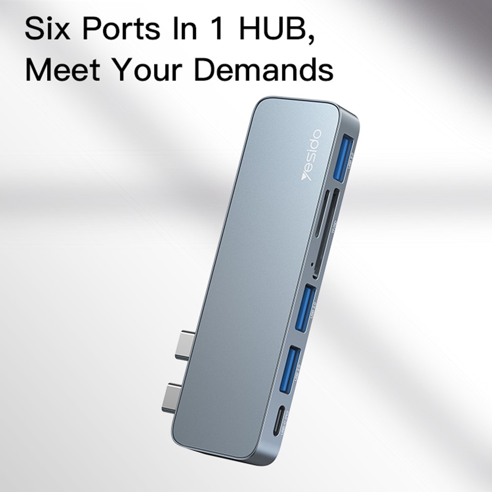 YESIDO HB10 Dual Type-C Hub Splitter 6-in-1 USB3.0 TF/Memord Card Reader PD Adapter Notebook Docking Station-4