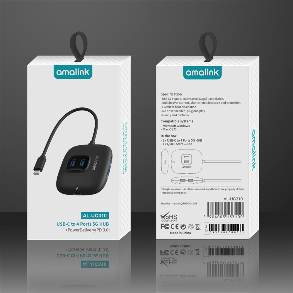 AMALINK AL-UC310 Portable 5Gbps Type-C to USB 3.0 4 Ports + PD 3.0 Hub-7