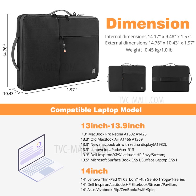 WIWU Waterproof Handbag Large Capacity Shockproof Laptop Carrying Bag for 14-inch Notebooks Laptops Macbook-9