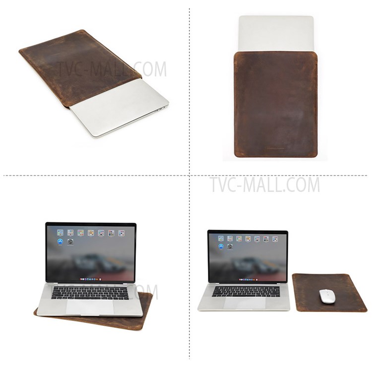CONTACTS FAMILY Multifunctional Retro Style Genuine Leather Laptop Sleeve Mouse Pad for Macbook Pro Pro/Air 15.4inch - Coffee-10