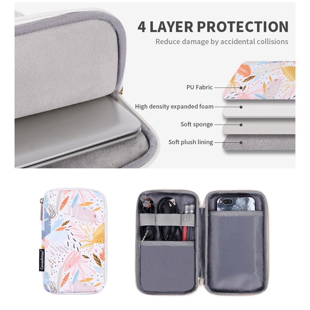 CANVASARTISAN G53-T0121 for 14-inch Notebook Flowered Patterned Anti-Drop Laptop Protective Bag Water Repellent Zippered PU Case Pouch + Small Bag Set-6