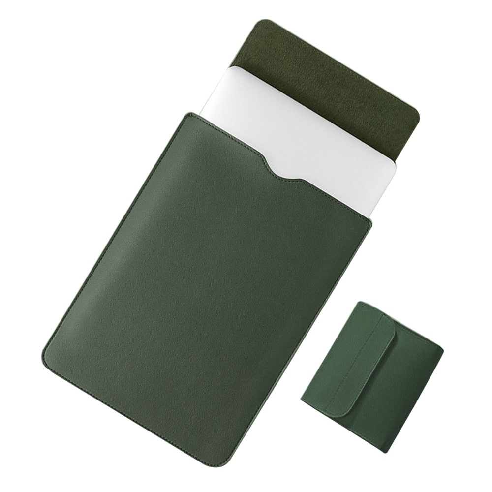 14 inch Laptop Sleeve Ultra-Thin PU Leather Carrying Pouch + Small Bag - Blackish Green