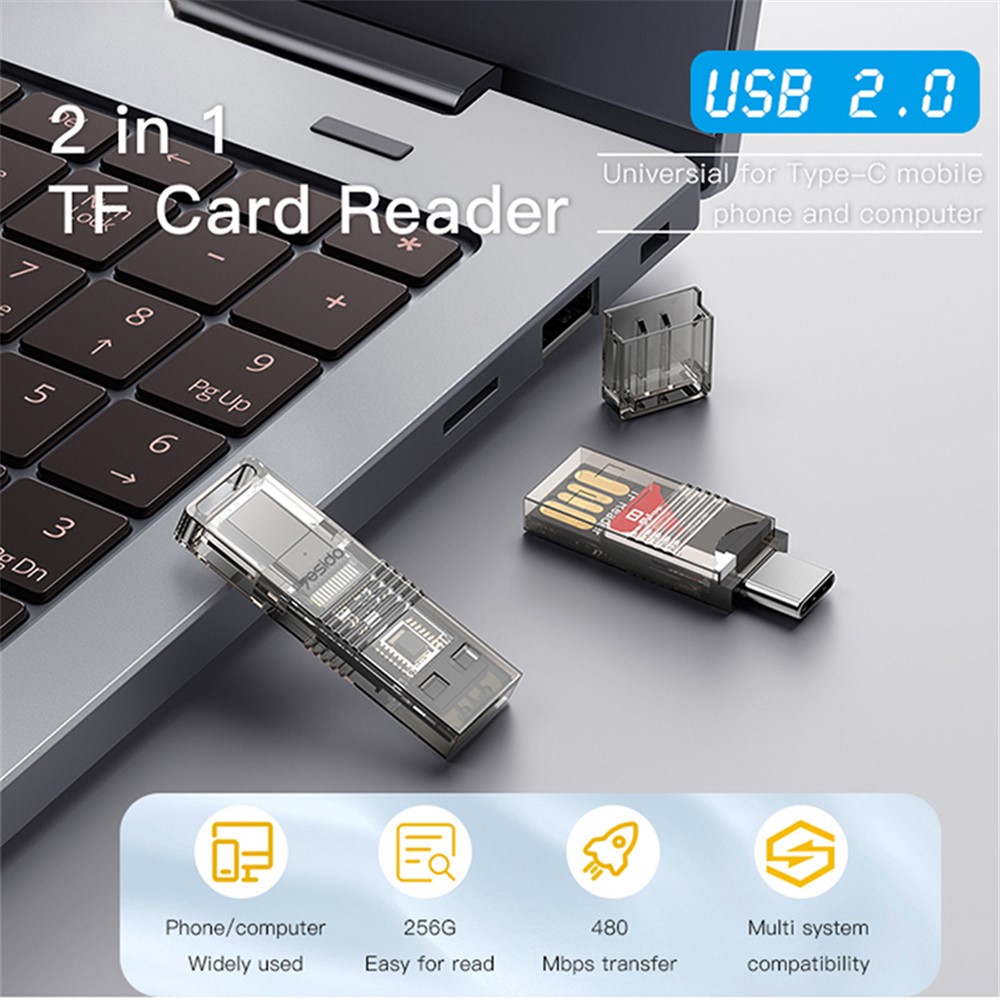 YESIDO GS21 2-in-1 Type-C/USB Plug TF Memory Card Reader Data Transfer Adapter for Laptop Android Phone-2