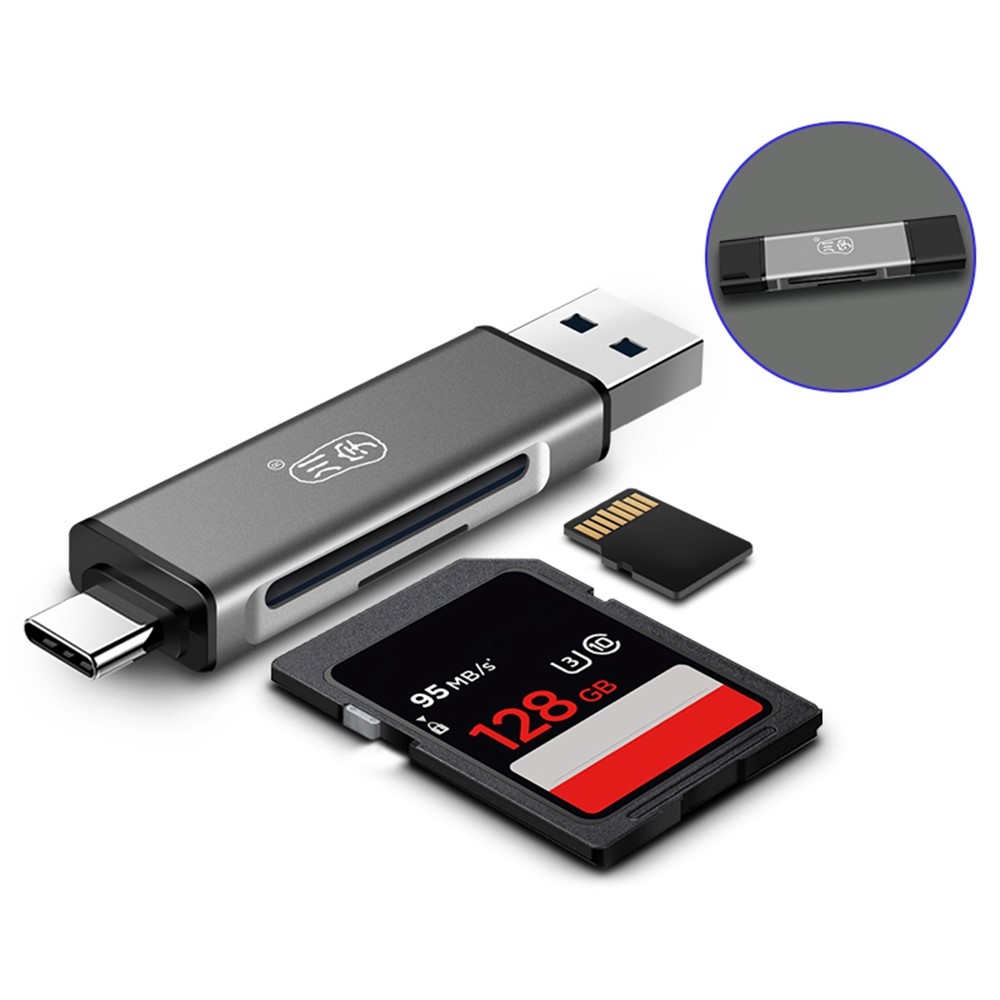 KAWAU C350Q USB3.0+Type-C Mobile Phone OTG 5Gbps Card Reader Portable Mini Aluminum Alloy Card Reader with SD / TF Card Ports-2
