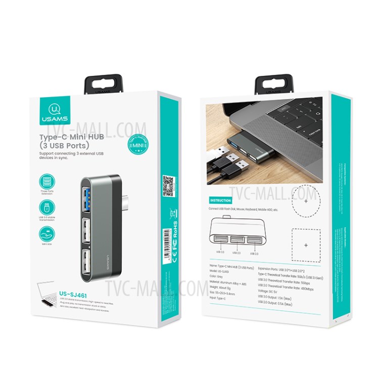 USAMS US-SJ463 Type-C Mini HUB Type-C to 2 USB + TF Card Slot Converter-4