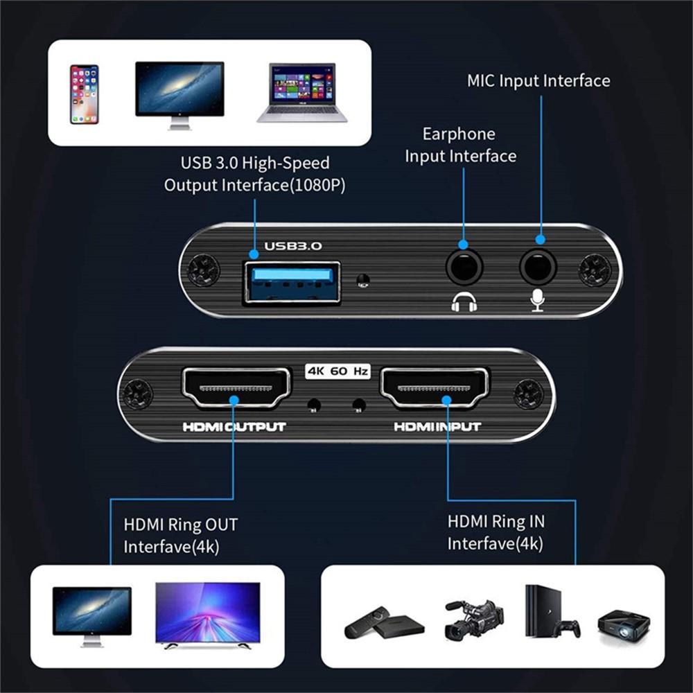 USB 3.0 4K 60HZ 1080P 60Fps HD Video Game Capture Card Video Converter HDMI Output Live Streaming for XBOX PS4 MAC-5