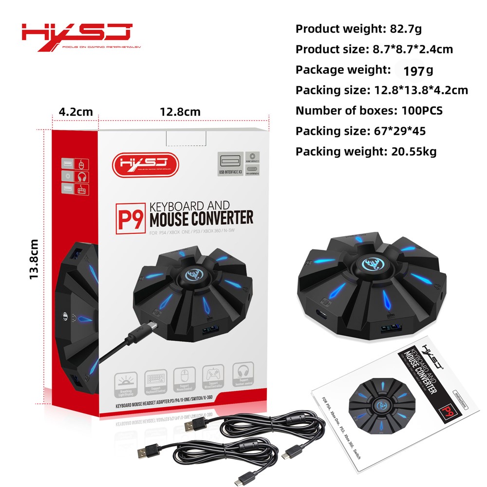 HXSJ P9 Controller Gaming Keyboard Mouse Converter Adapter with LED Light for PS4/PS3/Xbox One-13