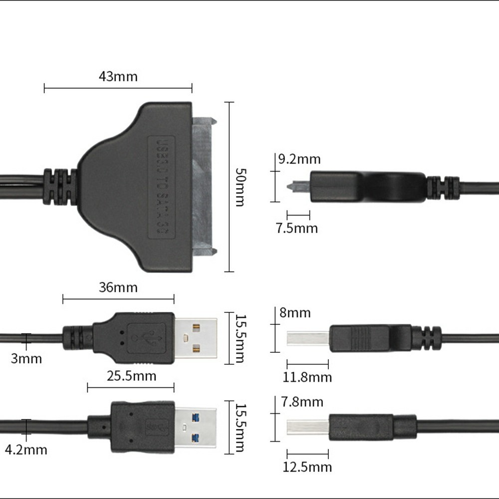 USB3.0+USB2.0 to SATA7+15 Adapter Cable Gold-plated Converter Cord for 2.5-inch HDD SSD (0.15m) - Black-2
