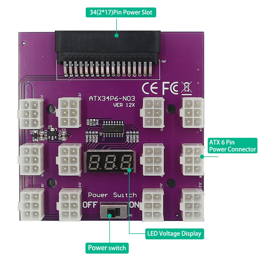 Power Breakout Board Adapter 12-port 12V PSU Server Breakout Board with 12 ATX 6-pin Power Connector/LED Display-3