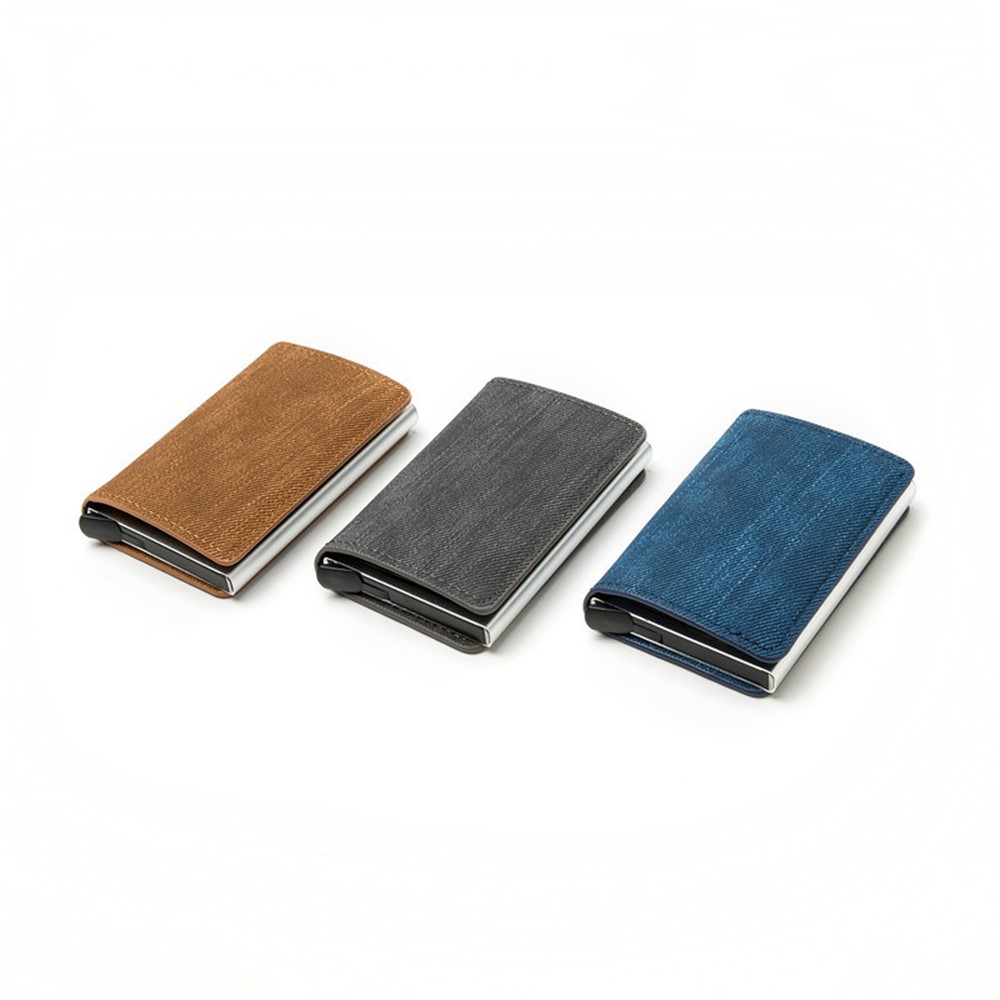 RFID Anti-theft Swiping Business Automatic Magnetic Wallet Denim Metal Wallet Card Box - Black-10