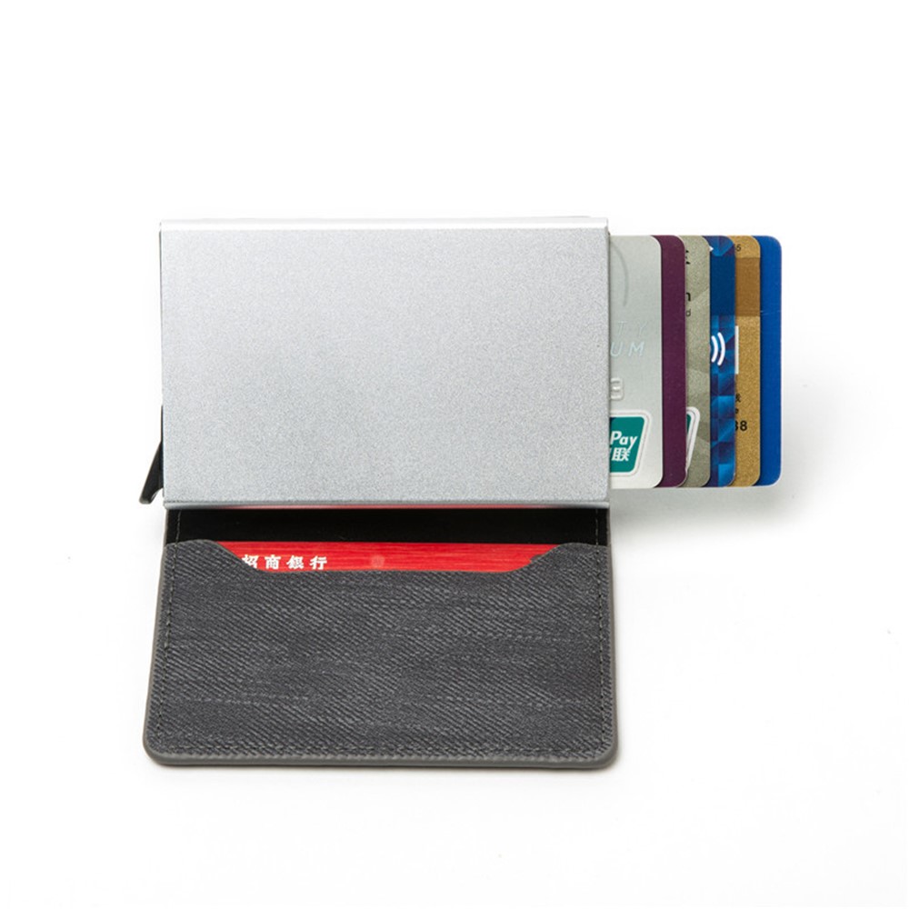 RFID Anti-theft Swiping Business Automatic Magnetic Wallet Denim Metal Wallet Card Box - Black-3