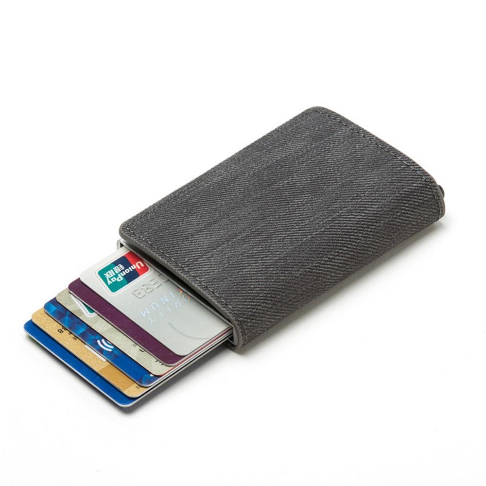 RFID Anti-theft Swiping Business Automatic Magnetic Wallet Denim Metal Wallet Card Box - Black-5