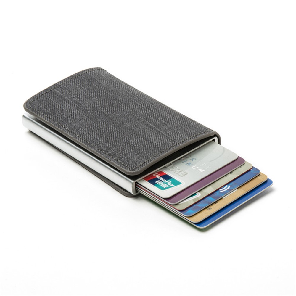 RFID Anti-theft Swiping Business Automatic Magnetic Wallet Denim Metal Wallet Card Box - Black-7