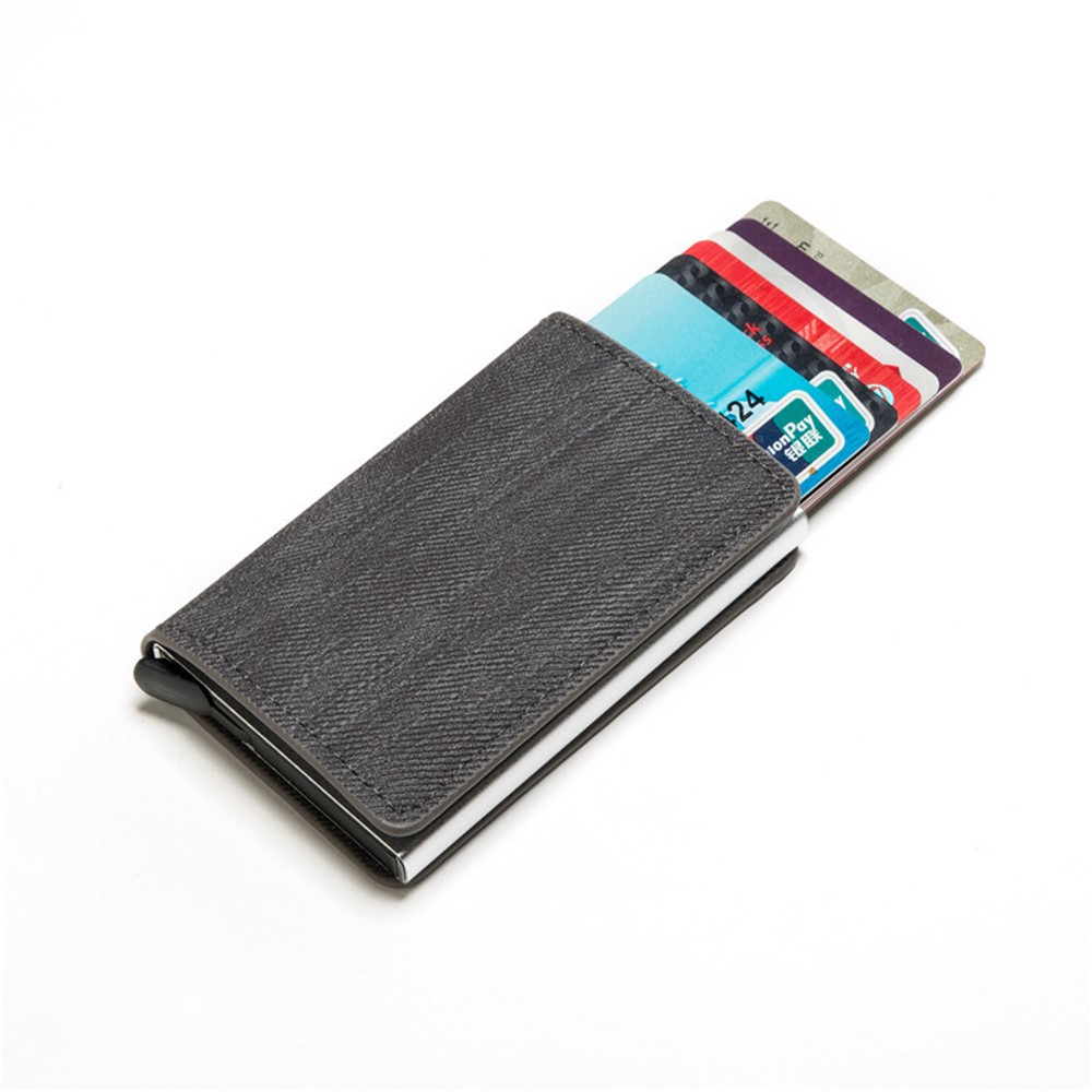 RFID Anti-theft Swiping Business Automatic Magnetic Wallet Denim Metal Wallet Card Box - Black-8