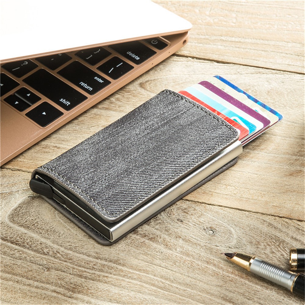 RFID Anti-theft Swiping Business Automatic Magnetic Wallet Denim Metal Wallet Card Box - Black-9