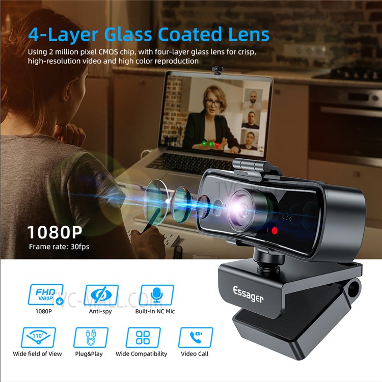 ESSAGER C3 1080P USB Computer Web Camera Built-in Microphone Video Conference Webcam with Tripod-2