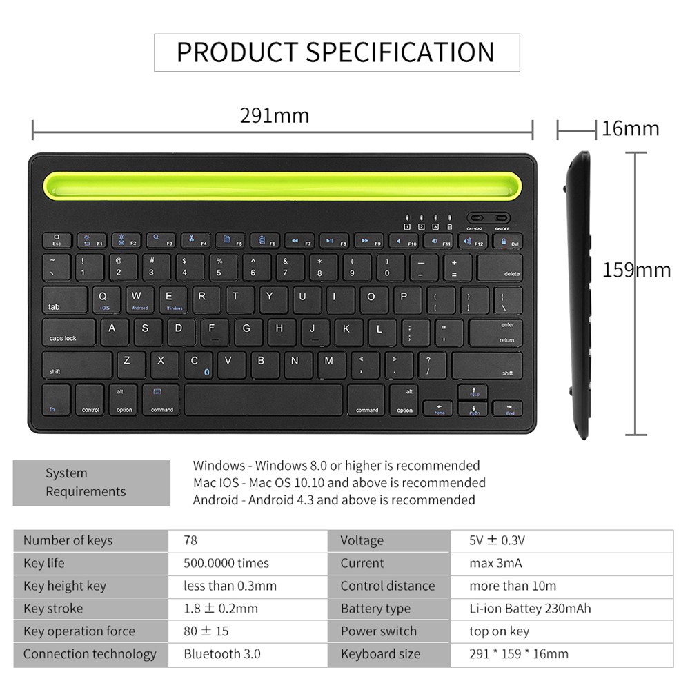 HM-04 Dual-Device Connection Bluetooth Keyboard for IOS Android Windows Phones/Tablets - Black-7