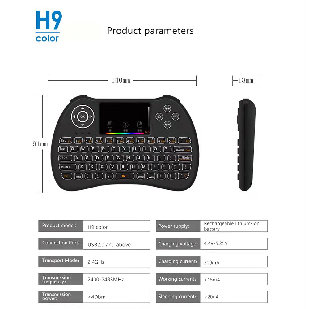 H9 2.4GHz Wireless Keyboard for Android TV Box Air Mouse Touchpad Device with Backlit-8