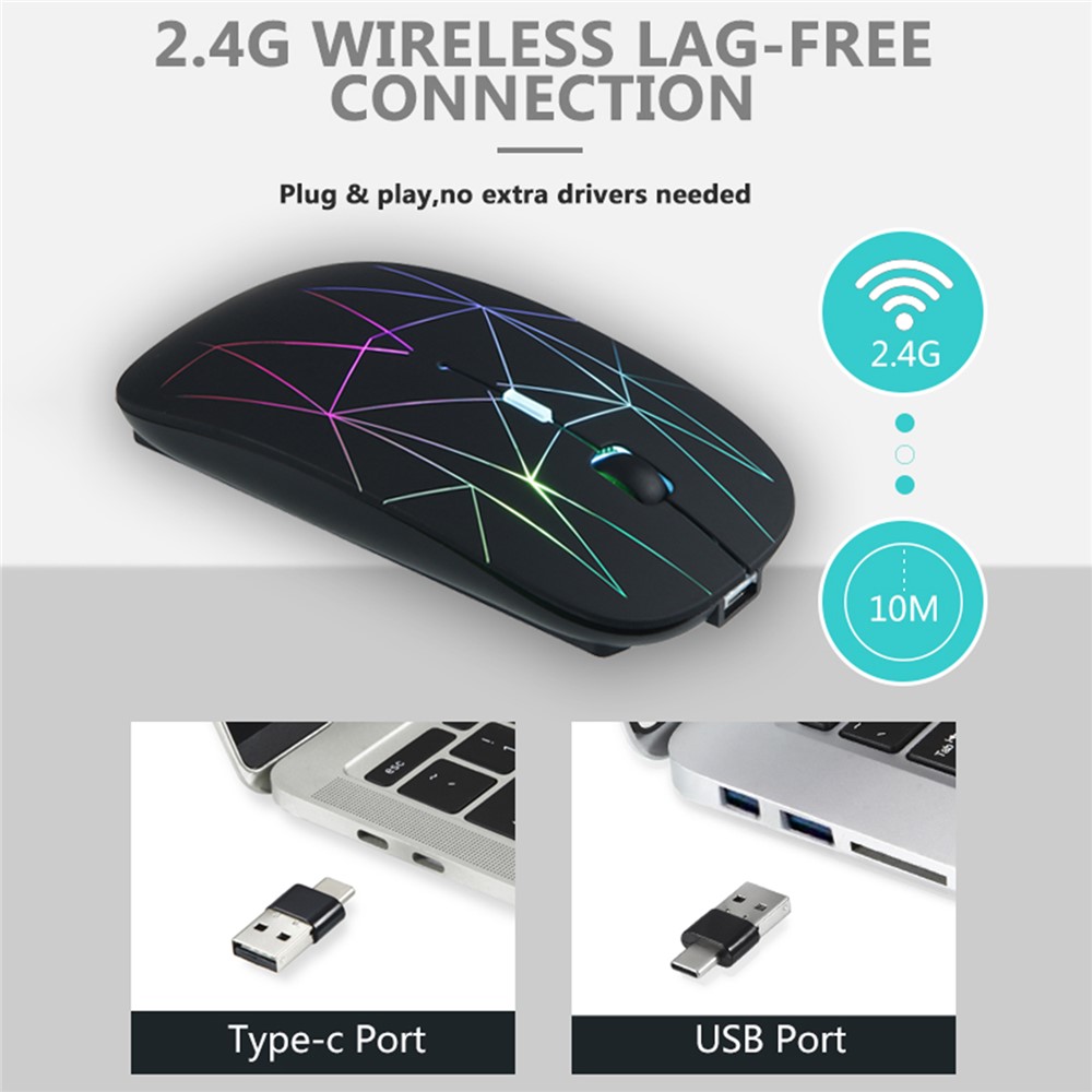 E39 Rechargeable 2.4G Wireless Gaming Mouse 1600DPI RGB Breathing Light Computer Laptop Ergonomic Mice - Black-4