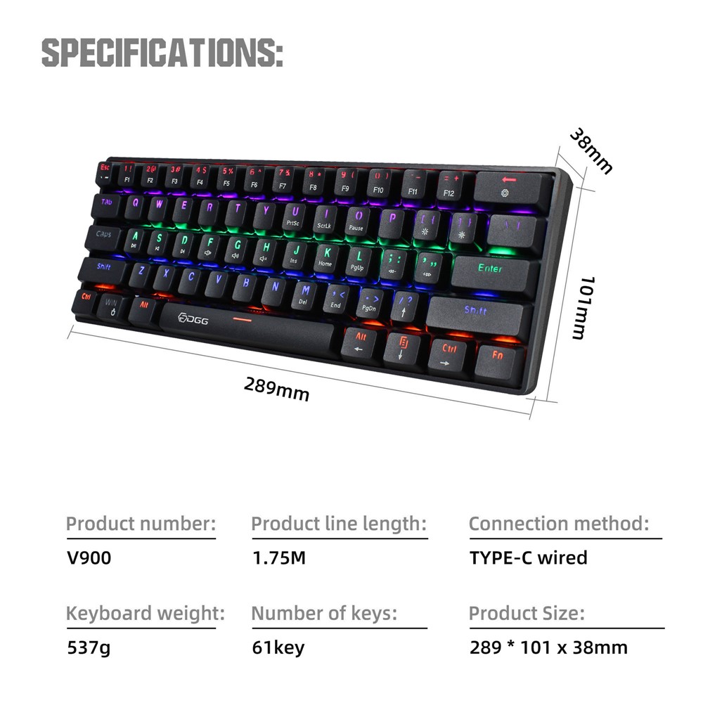 HXSJ V900 Wired 61 Keys Colorful Backlit Computer Laptop Home Office Gaming Blue Switch Mechanical Keyboard - Black-10