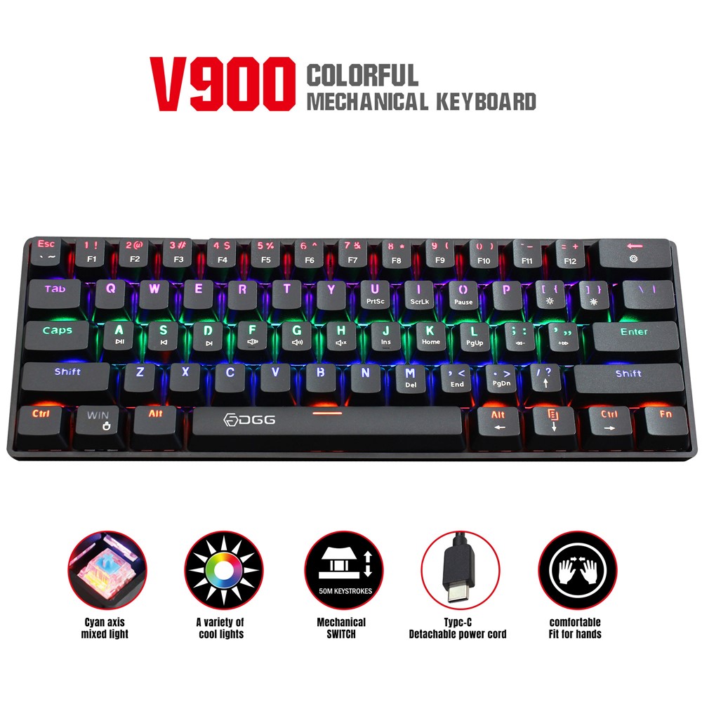 HXSJ V900 Wired 61 Keys Colorful Backlit Computer Laptop Home Office Gaming Blue Switch Mechanical Keyboard - Black-2