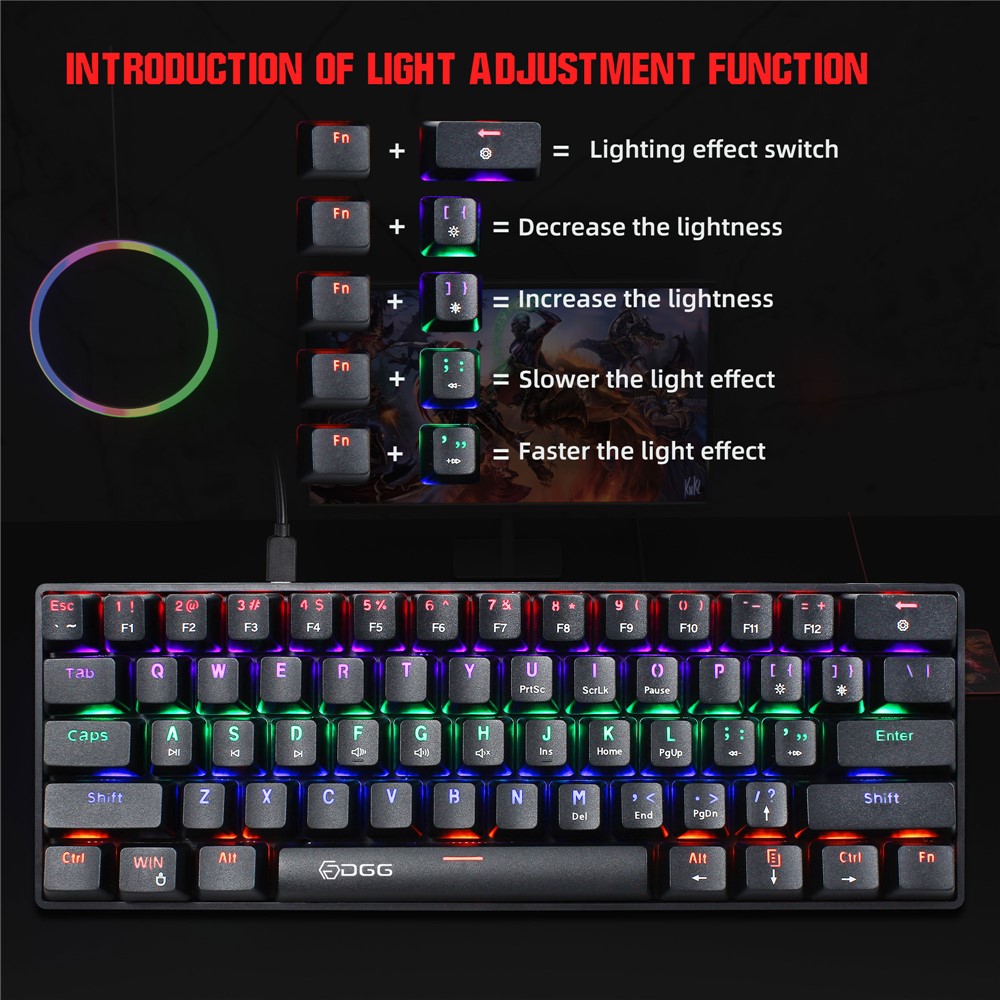 HXSJ V900 Wired 61 Keys Colorful Backlit Computer Laptop Home Office Gaming Blue Switch Mechanical Keyboard - Black-4
