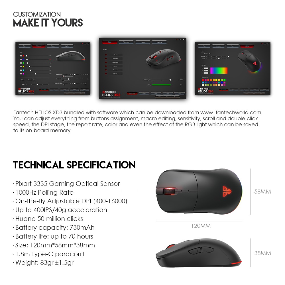 20Pcs FANTECH XD3 Wireless Gaming Mouse 16000DPI 2.4G RGB Light 6 Buttons Computer Laptop Game Mice - Pink-10