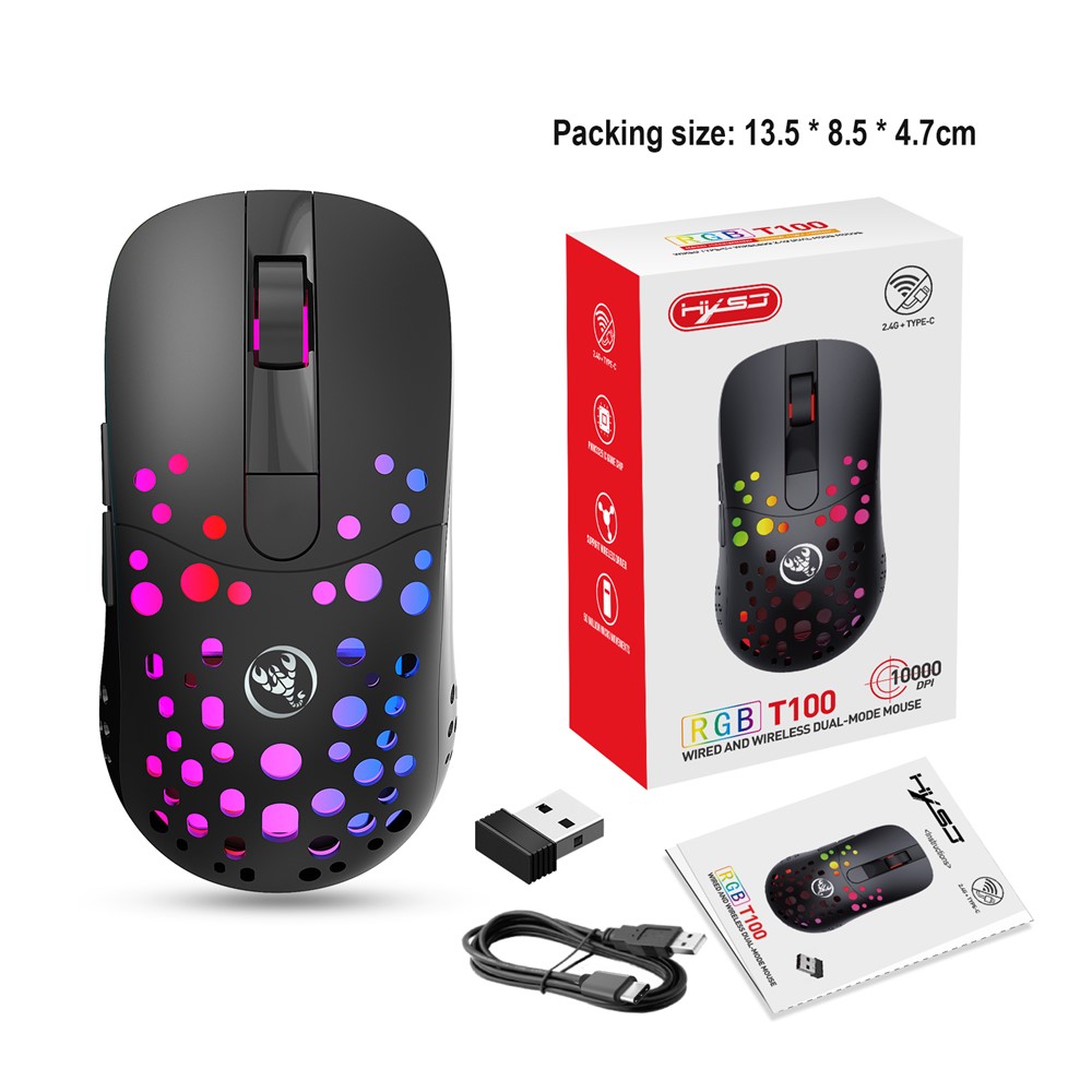 HXSJ T100 RGB Macro Programmable Dual Mode Wireless/Wired Gaming Mouse 10000 DPI Rechargeable Mice-14