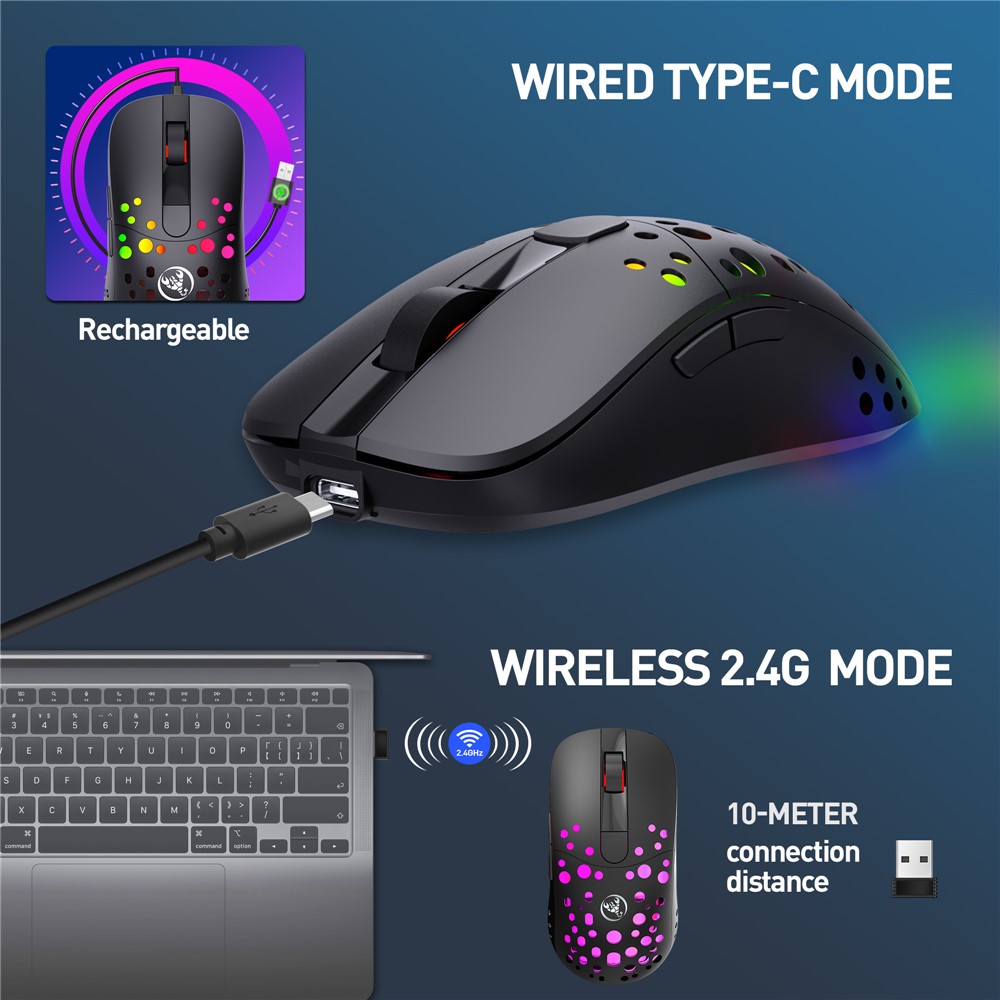 HXSJ T100 RGB Macro Programmable Dual Mode Wireless/Wired Gaming Mouse 10000 DPI Rechargeable Mice-3