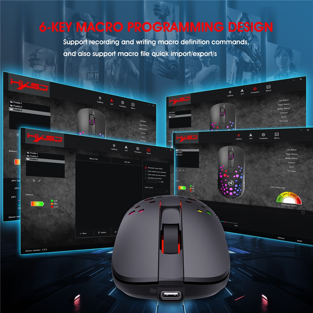 HXSJ T100 RGB Macro Programmable Dual Mode Wireless/Wired Gaming Mouse 10000 DPI Rechargeable Mice-5