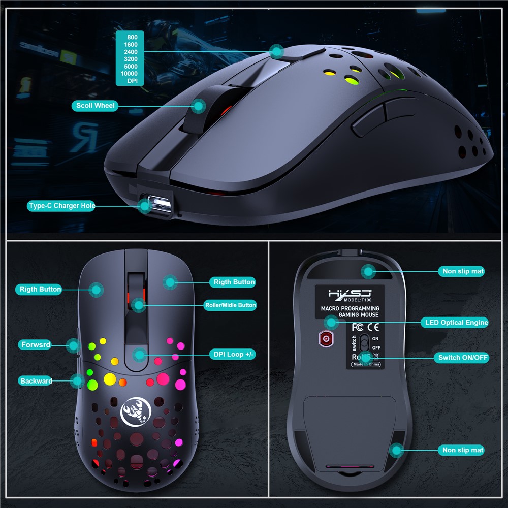 HXSJ T100 RGB Macro Programmable Dual Mode Wireless/Wired Gaming Mouse 10000 DPI Rechargeable Mice-8