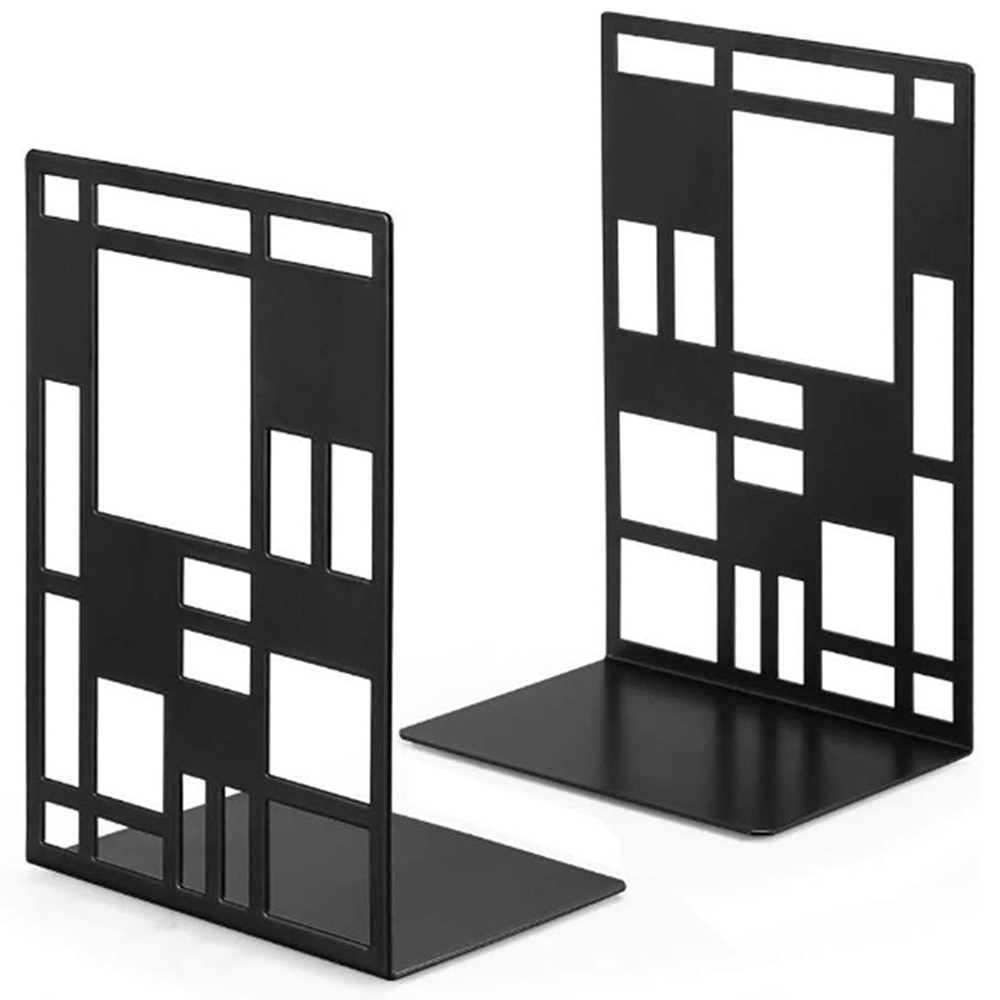 1 Pair Non-skid Bookend Supports Hollow Out Grid Metal Book End for Shelves Heavy Duty Bookends-1