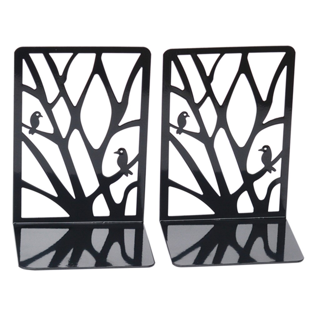 1 Pair Hollow Tree and Bird Design Stylish Metal Bookends Non-skid Home Office Books Bezel Organizer-2