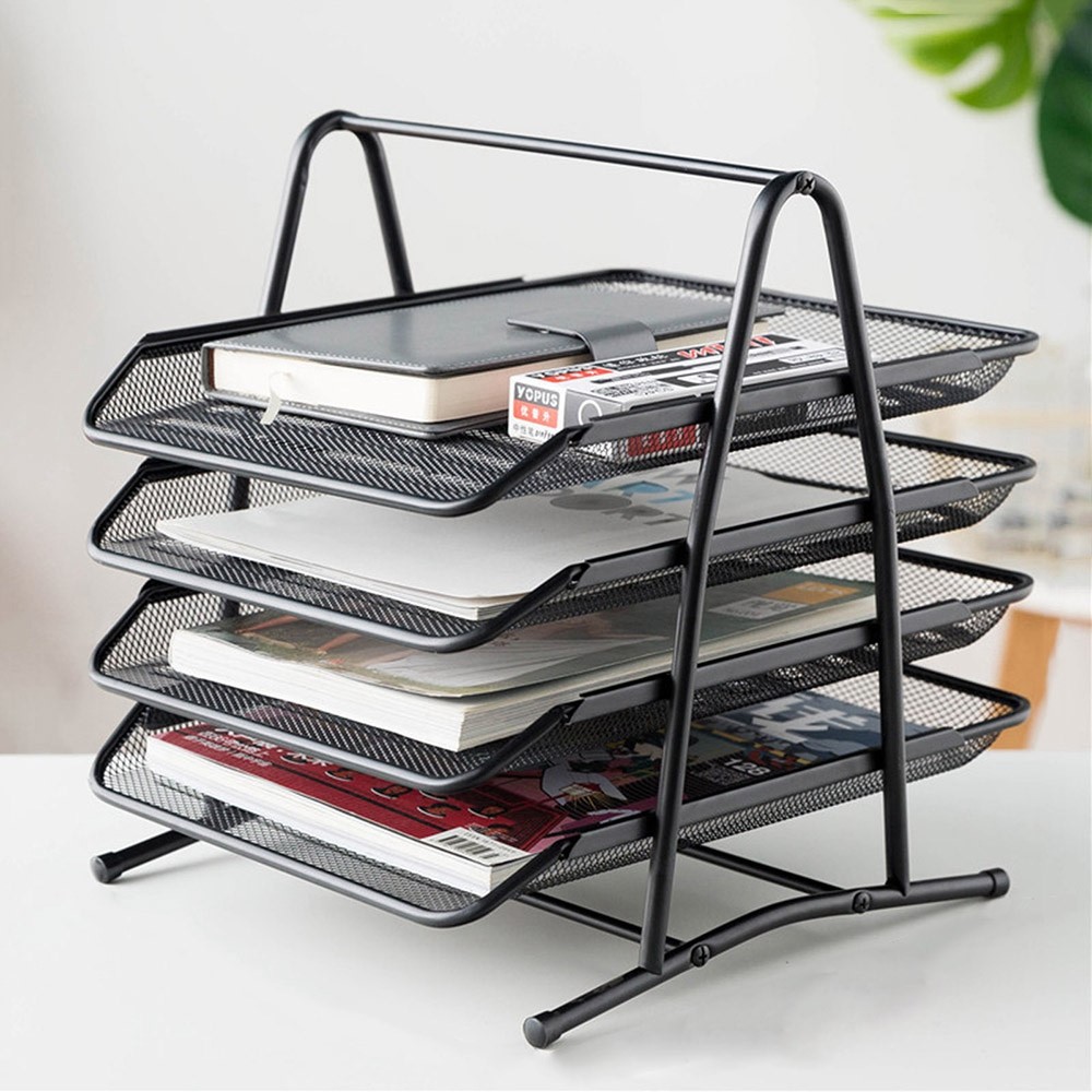 Metal Mesh Desk Organizer with 4 Sliding Trays for Letters Documents Mail Files Paper-4