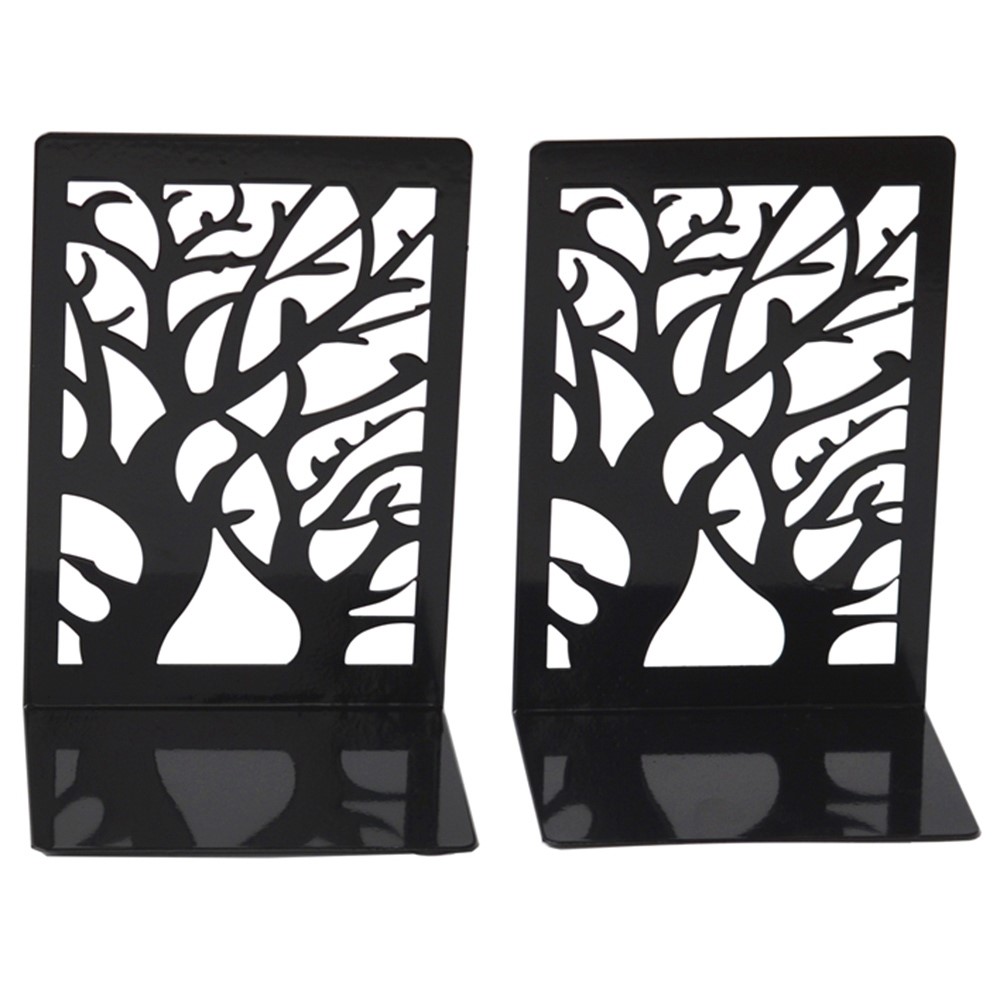 1 Pair Hollow Tree Design Metal Bookends Non-skid Desktop Shelves Books Bezel Holder-2