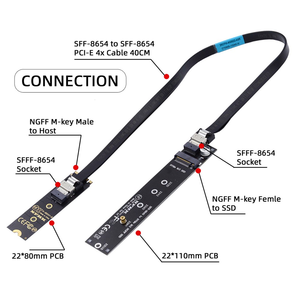 SA-040+SF-100-0.4M NVME M-key Male to Female Extension Cable Connector for Mainboard SSD-4