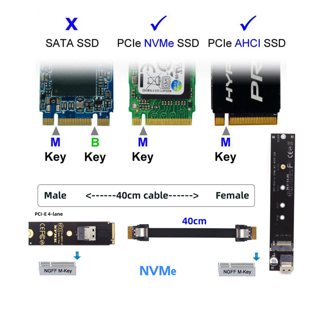 SA-040+SF-100-0.4M NVME M-key Male to Female Extension Cable Connector for Mainboard SSD-5