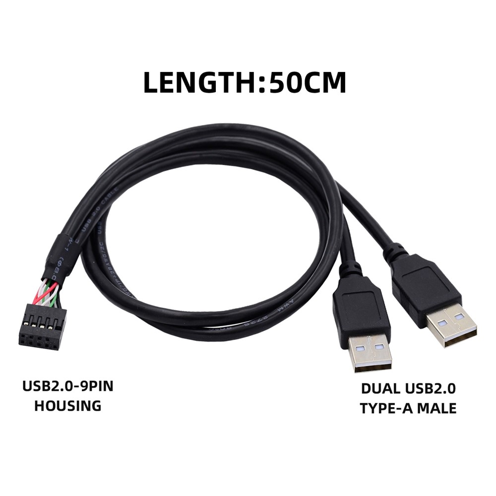 U2-128 50cm Motherboard 9Pin Female Housing to Dual USB 2.0 Male Type-A Cable-6