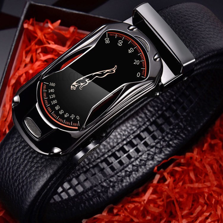 Men Belt PVC Leather Coated Litchi Pattern Waist Strap Automatic Buckle Designer Belts - Black-1