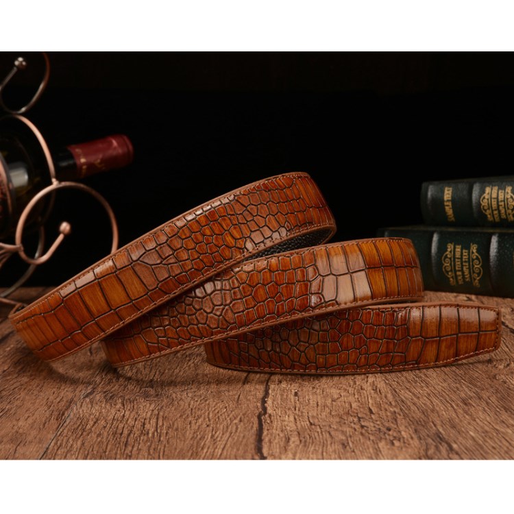 Crocodile Texture Cowhide Leather Men Belt Waist Strap Automatic Buckle Designer Belts - Wine Red-1