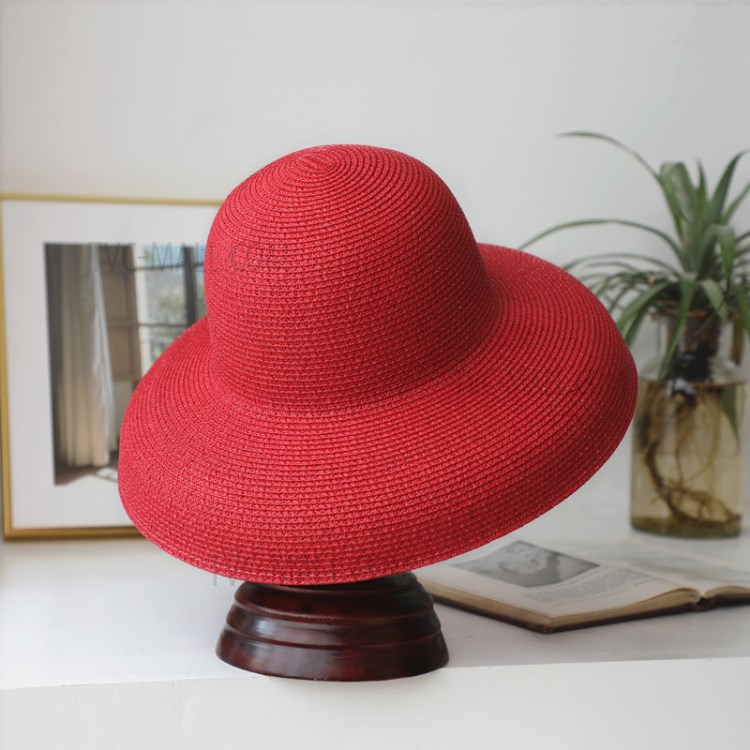 Summer Women Straw Hat Wide Brim Floppy Lady Outdoor Foldable Beach Sunscreen Cap - Red-1