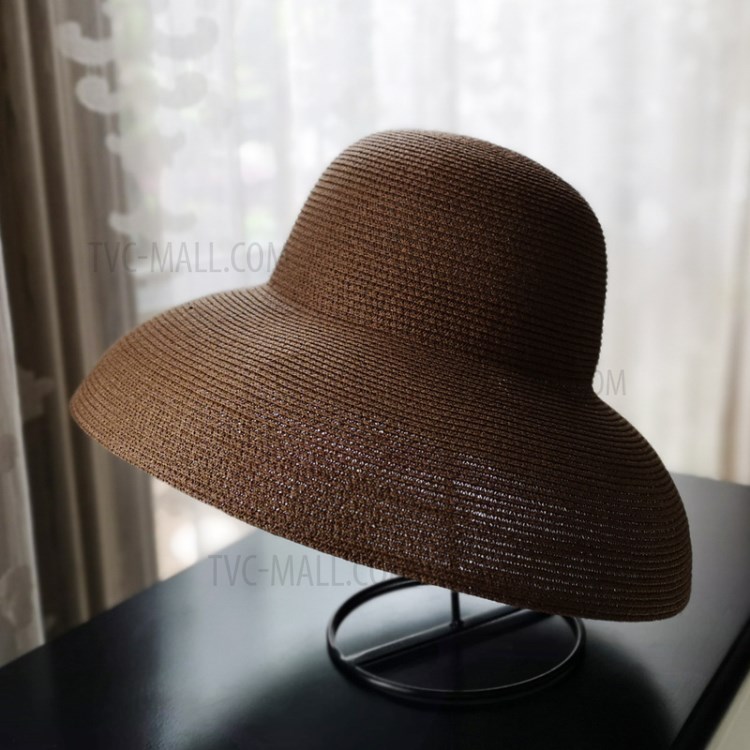 Wide Brim Floppy Girls Straw Hat Sun Hat Beach Elegant Summer UV Protect Travel Cap - Coffee-1